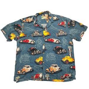 Paradise Found Shirt Mens XL Blue Hot Rod Car Hawaiian Aloha Camp Button Front